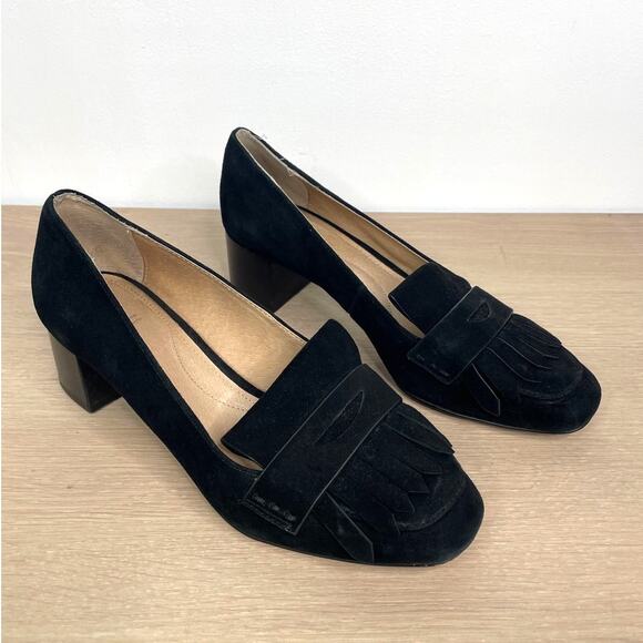 J. Jill Juliette Black Suede Leather Kiltie Block Heel loafer 7.5 - Picture 1 of 7